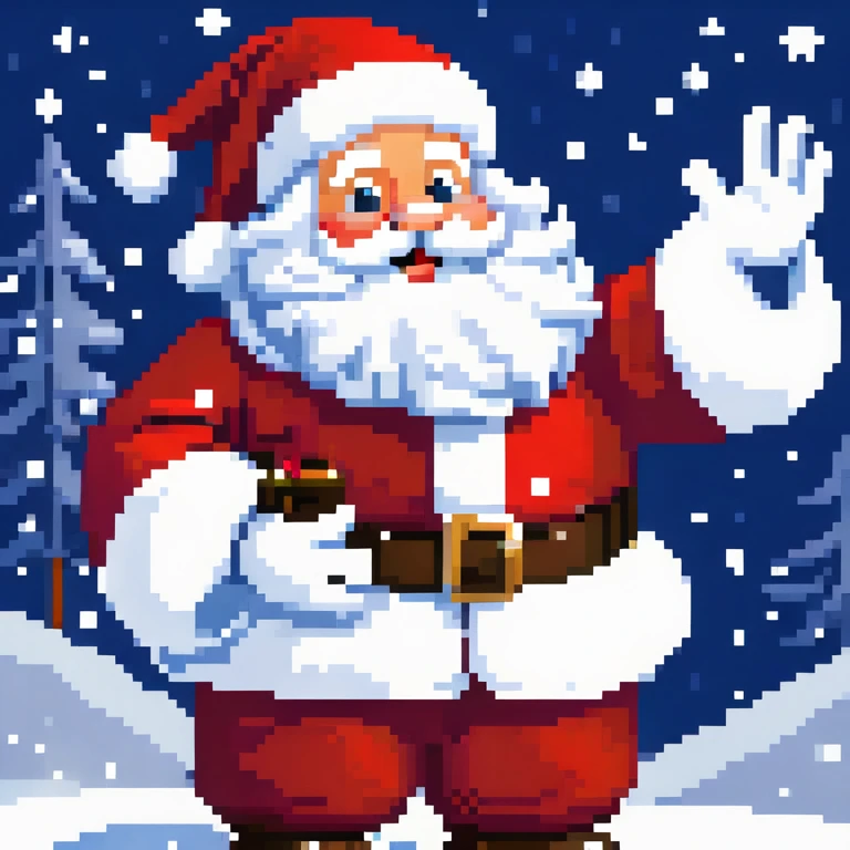 Santa Claus waving hello, snow background, 16 bit