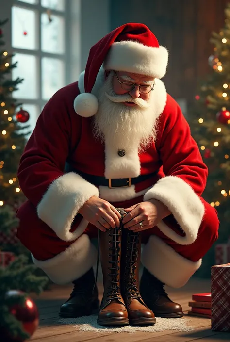 Create realistic image . santa claus and  .  santa claus is cleaning shoes belonging to .  christmas atmosphere with christmas decorations . cheerful atmosphere