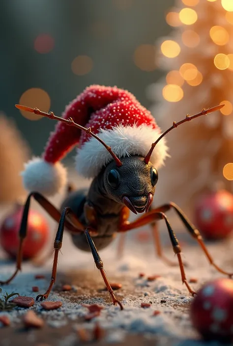 Beautiful ant in Santa Clauss Christmas hat, new year atmosphere around ,  realistic picture