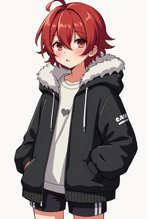 Mission Yozakura Family drawing style A young boy between 14 and  with scarlet hair and eyes with a noticeable scar that passes over his left eye has a strong but  of 1,52 wear a black hooded jacket with white fur and shorts up to the knee 