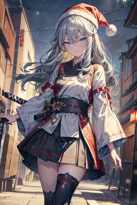 (from below:1.2),((1girl, silver hair, long hair, qutel blue eyes, beautiful eyes, pretty smile:1.5, ), (santa clothes, santa hat, black tights, santa boots), (((holding ominous japanese sword:1.3 ))), ((battlescene,slashilg,killing the mafia,blood splash)...