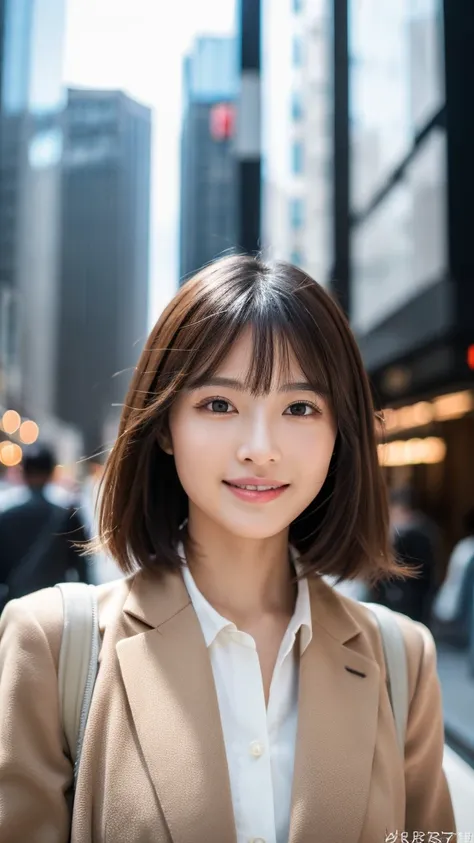 highest quality、genuine、Super detailed、finely、High resolution、8k wallpaper、one beautiful japanese woman Walking  Under the skyscraper、light brown short hair、sharp focus、perfect dynamic composition、beautiful and detailed eyes、thin short hair、Detailed genuin...