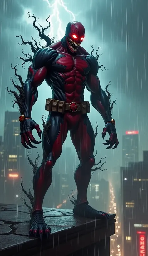 Visualize a monstrous hybrid of Deadpool and Venom standing on a rain-soaked city rooftop, its form silhouetted against the chaos of a swirling, electric storm. The hybrid embodies Deadpool’s signature red-and-black suit, but the colors ripple and pulse li...