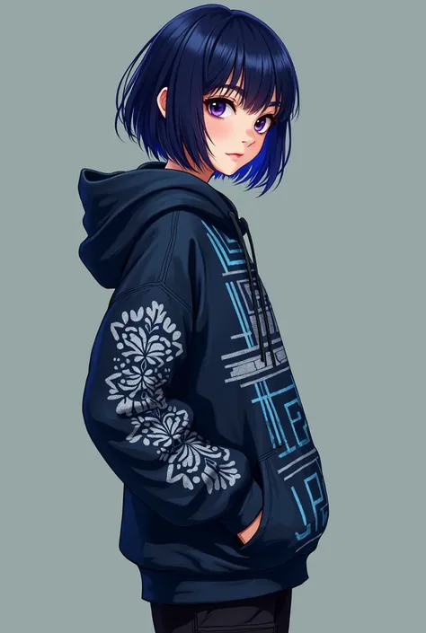 A s old girl appearance. Midnight blue hair with subtle Subtle Indigo Highlights. With midnight purple hair with Almond eyes shape, `haircut`Bob cut, A classic,chin-length cut that slightly messy for messy for a casual vibe.A oversized hoodie in dark tone ...