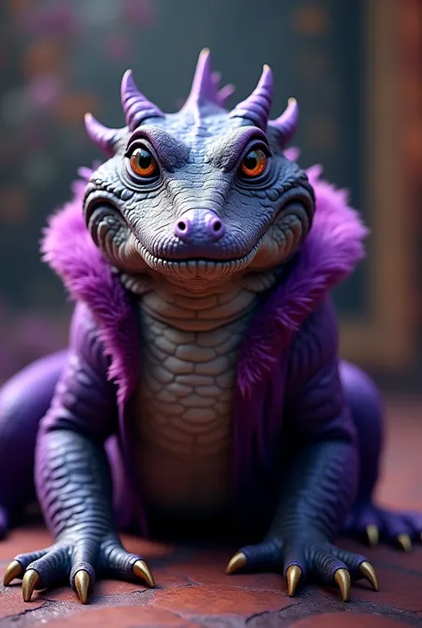 Give me a picture prompt of a crocodile and purple velvet hybrid and background theres expression full picture realistic and 8k and shiny