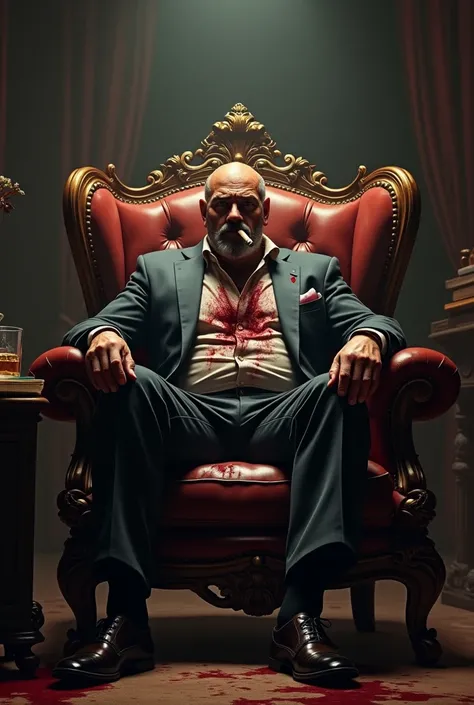 gangster sitting in an arm chair smoking cigar and covered in blood