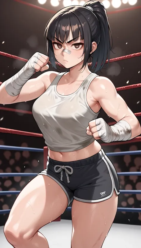 score_9, score_8_up, score_7_up, score_6_up, score_5_up, score_4_up, 1girl, black hair, ponytail, bangs, detailed eyes, detailed face, bandage on nose, serious, sharp eyes, brown eyes, white tank top, dirty tank top, sweaty clothes, breasts, boxer shorts, ...