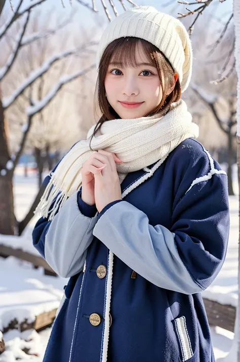 (masterpiece, best quality, perfect anatomy, highres, 8k, realistic, photorealistic, natural skin texture, no makeup:1.2), 1girl, solo, Japanese, age20, very cute, cheerful female university student, (large breasts:1.4), winter vibes, standing in a snowy p...