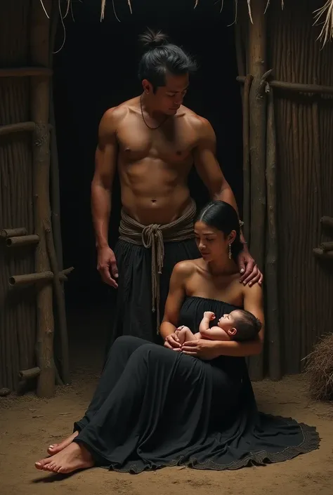 Young toraja woman wear black dress and toraja sarong lying in straw sheepfold hold baby son with his mature handsome toraja husband standing beside her at midnight