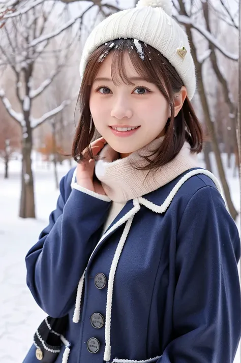 (masterpiece, best quality, perfect anatomy, highres, 8k, realistic, photorealistic, natural skin texture, no makeup:1.2), 1girl, solo, Japanese, age20, very cute, cheerful female university student, (large breasts:1.4), winter vibes, standing in a snowy p...