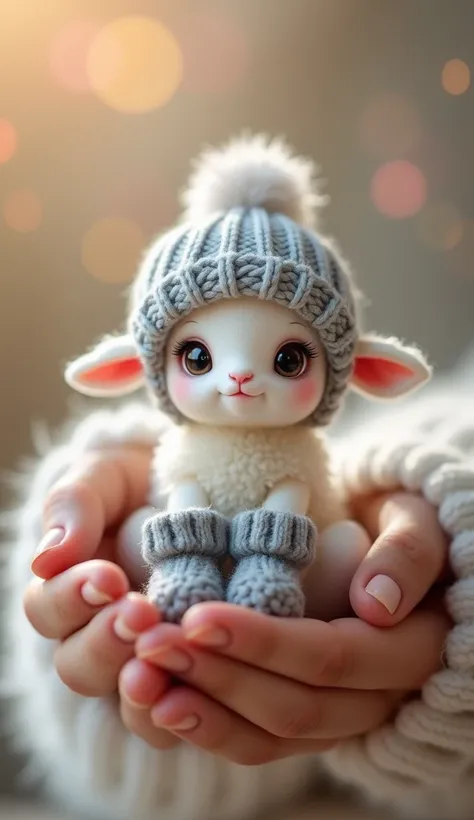 Create a charming, high-resolution image of a tiny sheep wearing a grey knitted hat with a pom-pom on top and matching booties. The sheep is very small, gently held in a person’s hands, giving it a cozy and adorable appearance. The background should be sof...