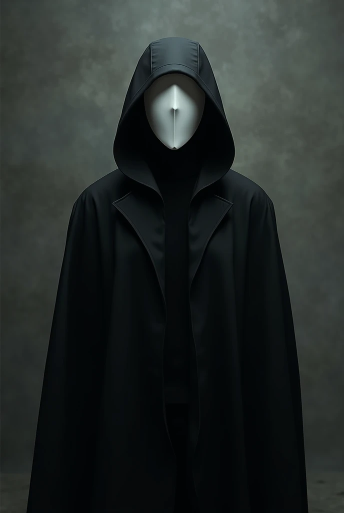  creates the image of a person wearing a black hood, with a smooth white mask that covers her entire face .