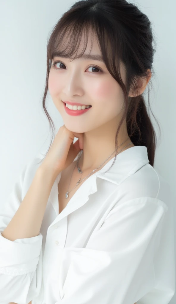   close-up portrait of a cute thing sitting young asian woman standing on a pure white background .   the woman has dark brown hair with bangs  ,   bright eyes and dark brown eyebrows  ,  dark brown eyes.  shes smiling ,   her lips are slightly slack  ,  a...