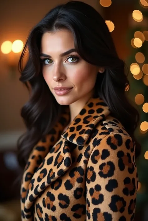 Create a beautiful brunette woman, with green eyes, long oval face and fine features, 27 years old, in a leopard print coat, old money style, in the background of a New Years party, detailed, hyper-realistic, masterpiece