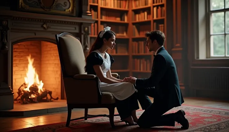 Create a hyper A lavish library with tall bookshelves and a crackling fireplace. Elise, wearing a maid’s uniform, sits on a plush chair, her hands trembling. Lucas kneels in front of her, his piercing blue eyes filled with concern, gently holding her hands...