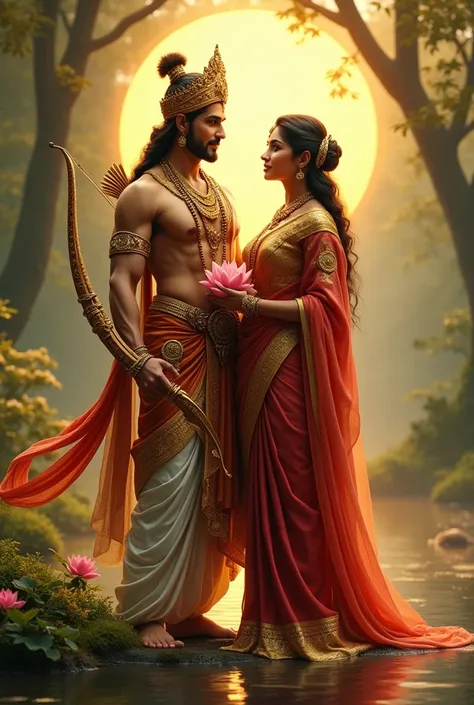 "Create a realistic depiction of a divine couple inspired by Sita and Lord Ram from the Indian epic Ramayana. The man has a regal appearance with a golden crown, adorned with intricate jewelry, a bow in hand, and wearing traditional golden attire with a ro...