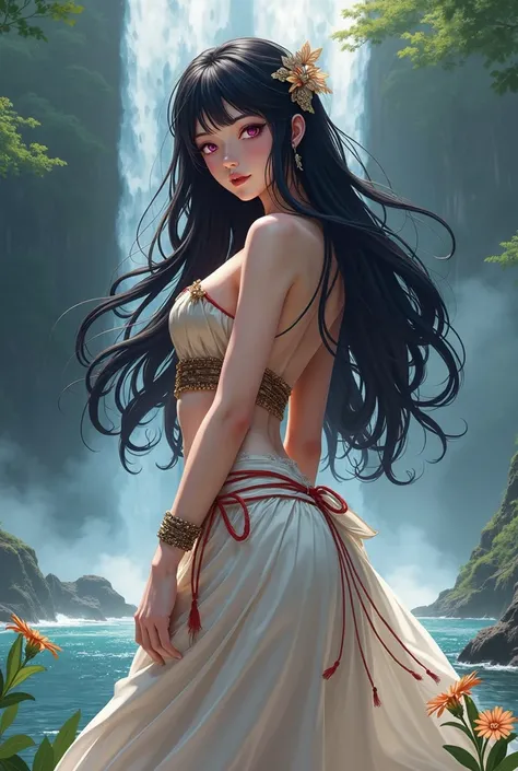 An beautiful anime women with black long curvy hair, pink eyes, white skin, with curveous figure in primitive clothing with natural waterfall background. 