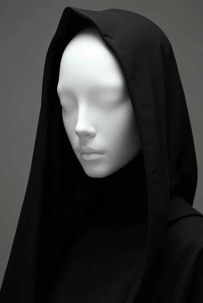  creates the image of a person wearing a black hood, with a smooth white mask that covers her entire face .  the mask doesnt have to have any facial features, Bone that doesnt even have to have eyes, mouth and nose . 