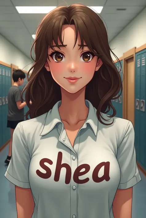 a highschool female teen, has a word "SHEA" written on her uniform