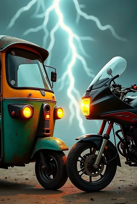 Create an image where a [Rickshaw] and a [Motorbike] are placed together and facing each other, their front ends aligned as if they are about to engage in a face-off. The [Rickshaw] should have an old, rugged, yet sturdy appearance with vibrant colors, whi...