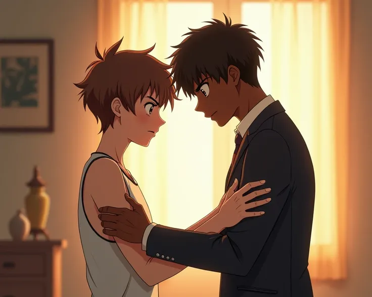 An anime-style 2D illustration in a sunlit room with a tense and unsettling atmosphere. A  14-y boy with messy brown hair, wearing a snug white tank top, stands face to face with his african friend who is in suit. The boy’s back ide is partially visible, s...