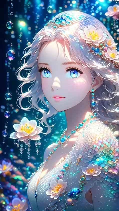 Deep sea, which, bubbles, alexandrite eyes and hair, shell decoration, gemstone necklace, shell, fish scale white dress, (dynamic lighting: 1.2), light, beautiful, beautiful eyes, sharp pupils, boundary depth is written He, Bokeh, Clear Focus, (Very Detail...