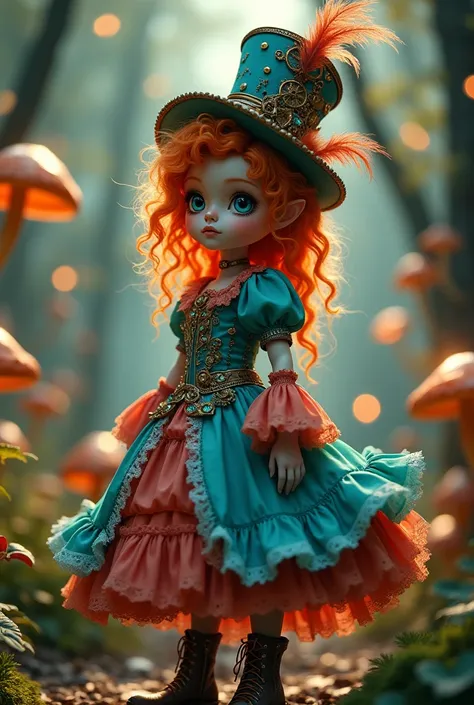 "A striking fantasy character with vibrant, fiery orange curly hair cascading over porcelain girl-like features, her large, expressive eyes sparkling with wonder and amazement. She wears a whimsical turquoise and red Victorian-style dress, gracefully flowi...