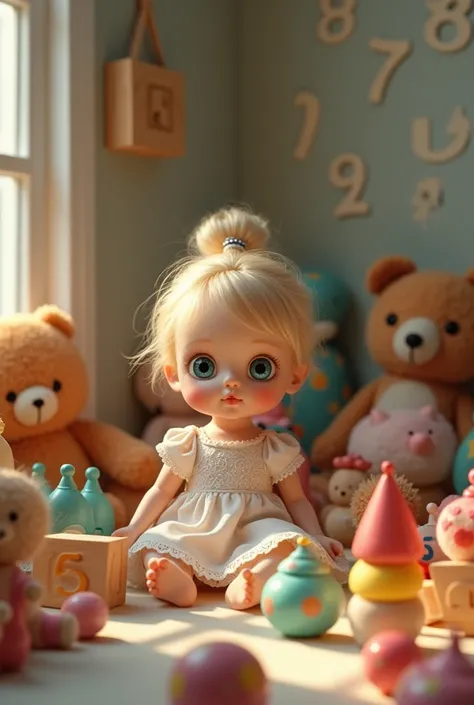 a cute doll in the room full of toys, with 978 written on the walls