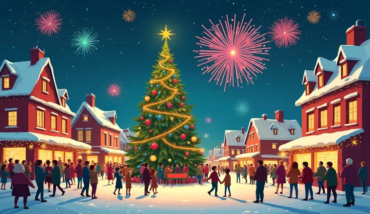 A festive night filled with fireworks, a large Christmas tree glowing in the town square, and a happy crowd celebrating. Cartoon