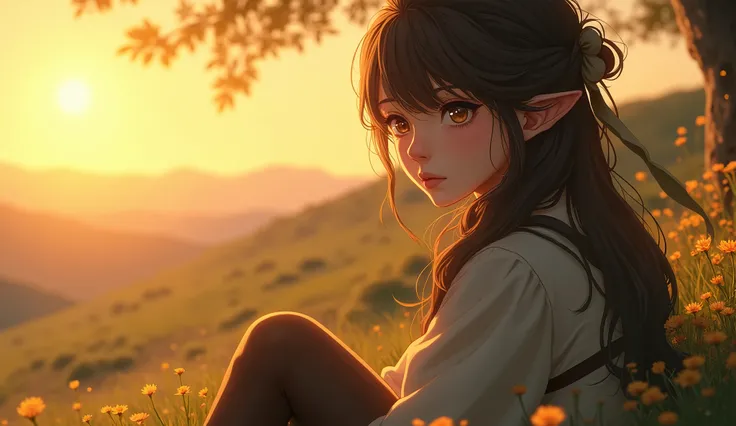 "A close-up of a man or woman sitting on the edge of a cliff or a meadow during sunset. The warm golden light of the sunset falls on their faces. The character looks out at the sky with eyes that reflect longing and hope. The surroundings are calm. The cha...