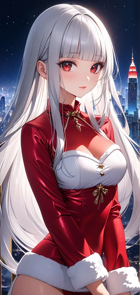 Ultra high resolution, rich colors, perfect image, top quality, detailed image, beautiful woman, glowing skin, skin and clothing texture, delicate eyes, night city, sexy Santa costume, (((silver hair blunt bangs long hair))), red eyes