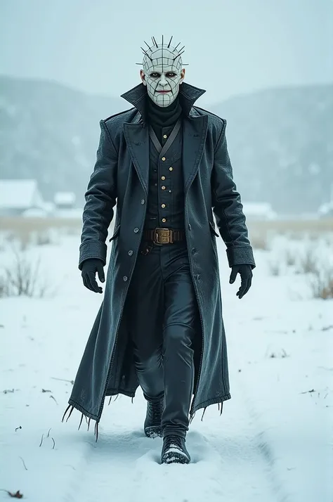 A highly realistic image of pinhead walking in front forward direction through a snowy landscape