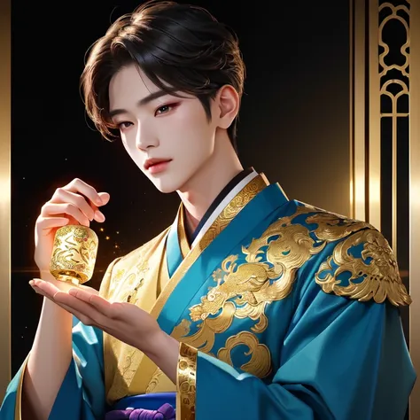 a Korean prince, vibrant hanbok, intricate gold embroidery, dragon motifs, traditional Korean palace, 1boy, hyper realistic, 8k, cinematic lighting, detailed face, high fashion, elegant, regal, dramatic, epic, masterpiece