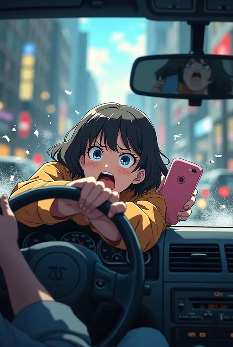 take a picture of a driver sitting in a car with a phone in his hands and having an accident anime style  