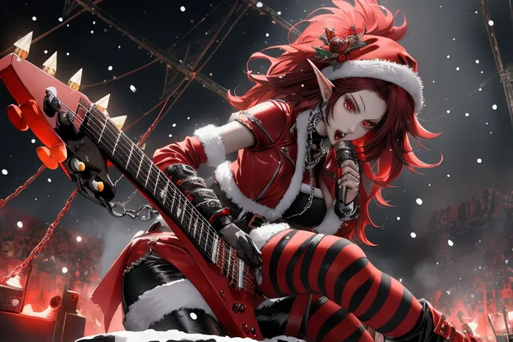 Reimagine Santa Claus as a fierce and stylish female heavy metal rockstar. She has long, wild crimson hair with streaks of silver, topped with a classic Santa hat tilted slightly for attitude. She wears a black leather jacket with spikes and chains, paired...