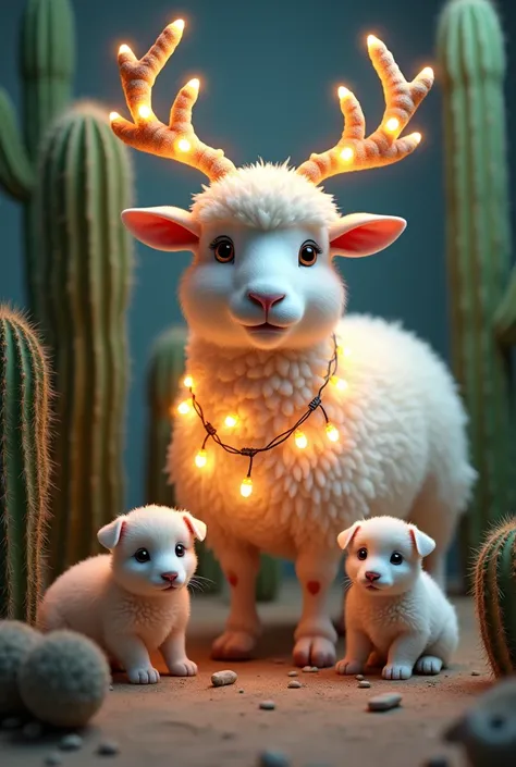 White sheep with reindeer horns adorned with Christmas lights and a necklace of Christmas lights surrounded by cacti and with two beautiful puppies