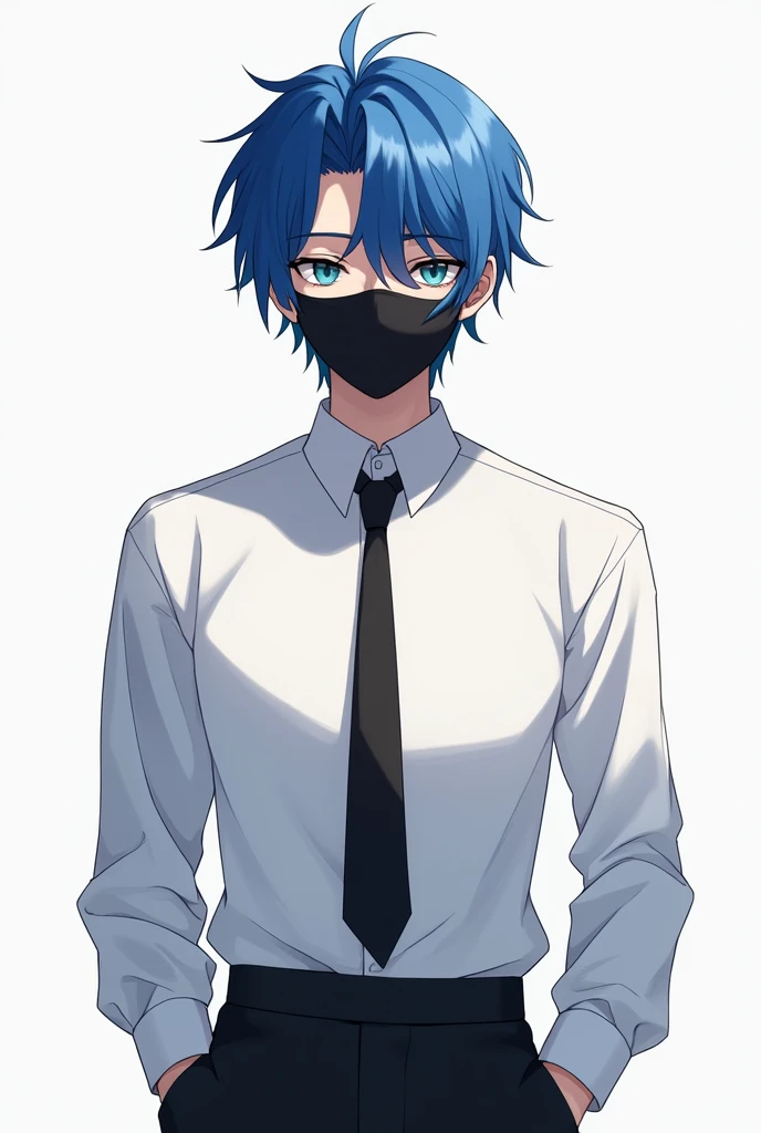  An anime character male with half blue hair wearing a black mask, white shirt shirt black tie guy 