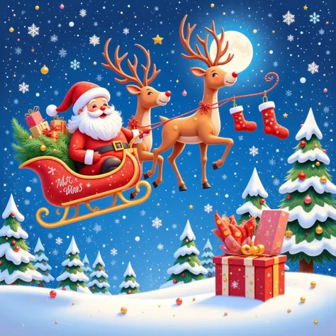 On a beautiful night, Santa Claus rides reindeer in the air, spreading joy and preparing various gifts such as red socks, crutches, and twisting sticks, while snowflakes fall. Vector illustration, graphic design style, backlit romantic art style, graphic i...