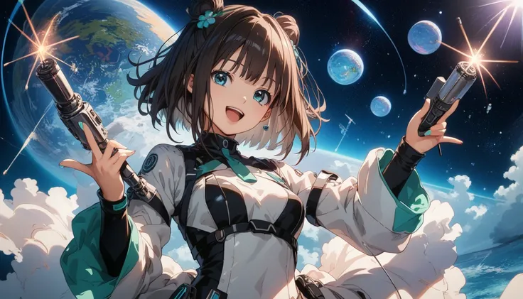 A futuristic anime girl singing with shortbob cut, dark black, black color hairs, straight view, anime girl singing, wearing space suit, singing gesture and happy expression of face, beautiful face, shibuya rin, holding microphone in right hand and singing...