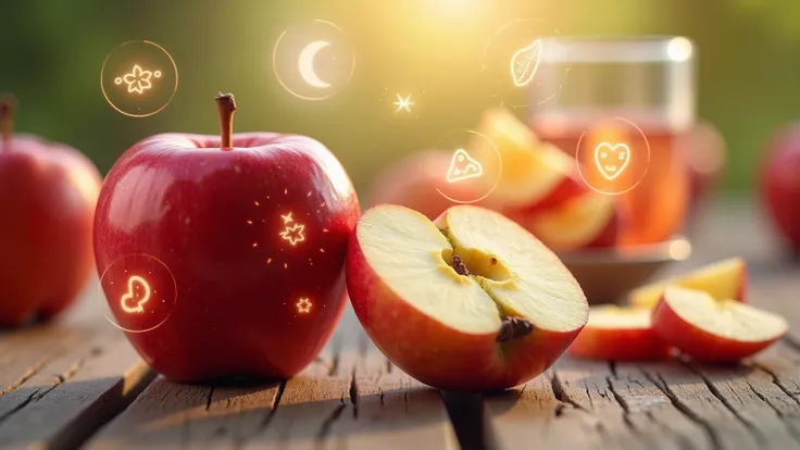 "An educational and vibrant image showcasing apples as a rich source of pectin, a type of dietary fiber. The composition features a whole, glossy red apple alongside a neatly sliced apple revealing its fresh, juicy interior. Surrounding the apples are glow...