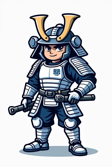 Create a mascot for a club named Kaizen. The mascot is a samurai, but instead of wearing traditional body armor, he is dressed in a modern boiler protection suit. The samurai retains a classic samurai helmet to preserve his traditional identity. Instead of...