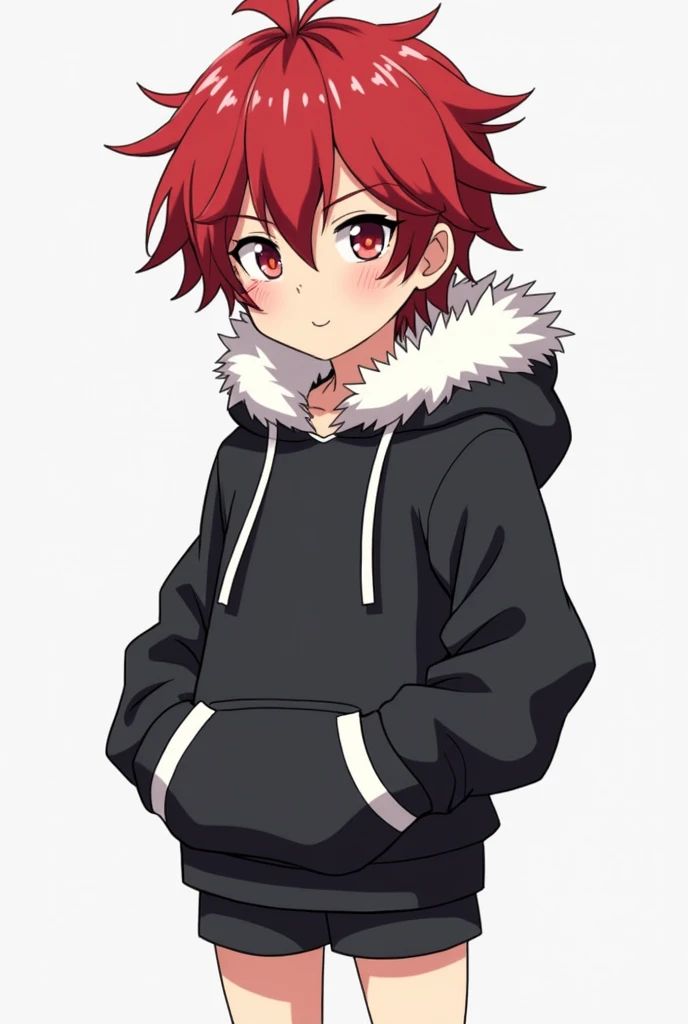 Yozakura-san Chi no Daisakusen drawing style A young boy between 14 and  with scarlet hair and eyes with a noticeable scar over his left eye has a strong but  of 1,52 wear a black hooded jacket with white fur and shorts up to the knee 