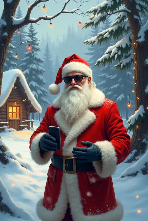  Santa Claus standing in the forest with sunglasses with an iphone smartphone in his hand,  at the back, decorated snowy trees and a house,
Let the picture be in the style of Art .