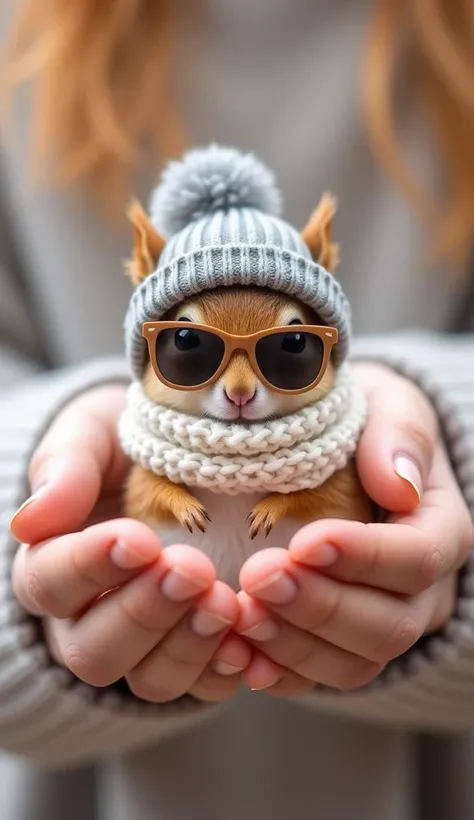 Create a charming, high-resolution image of a cute tiny squirrel wearing a grey cozy hat with a tiny pom-pom on top and  white wool scarf.wearing tiny sunglasses.The squirrel is very small, gently held in a person’s hands, giving it a cozy and adorable app...