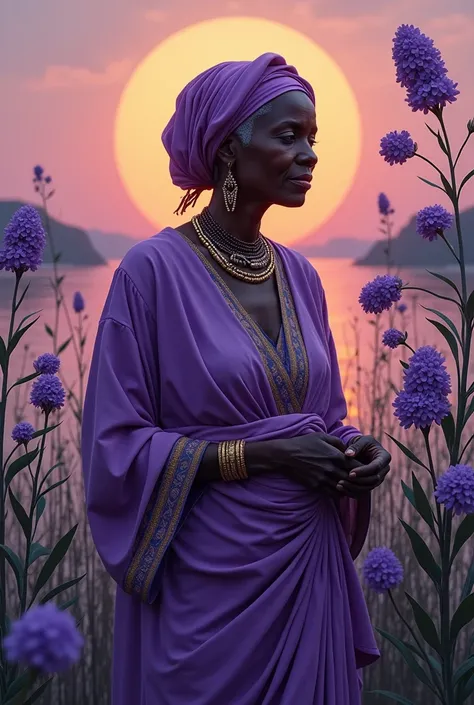    An African Orixá called Nanã  , The oldest of all the Orixás. Shes a vain black old woman from Africa,   wears typical African clothes in the color lilac .   Her connection is with still waters and mangrove mud   .   In the background,  the Sun reflects...