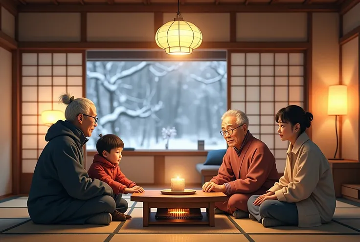 Photorealistic photograph of a traditional Japanese living room (washitsu) in winter, with a family relaxing together. The scene includes a Japanese couple, a grandfather, grandmother, and a , all enjoying the warmth of the room. The cozy setting features ...