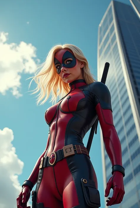 A hyper-realistic and high-resolution image of a beautiful sexy big breast, muscular blondie woman, wearing a superhero costume inspired by deadpool with swords on her back body, part of the body is visible but with a unique design to make it distinct. She...