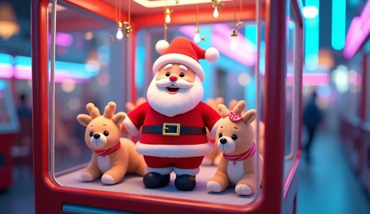 3D rendering style. a claw machine game with many stuffed reindeers, stuffed santa claus, cute little stuffed snow angels inside in a colorful neon arcade. the stuffed santa claus is picked up by the crane inside the glass case of the machine.