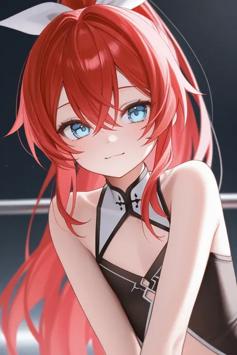  red hair、Light blue eyes、  girl、 flat chest、 ponytail、 punch、