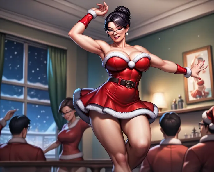 score_9, score_8_up, score_7_up,

mature woman picture frame, mature woman,
Beautiful woman,

short black hair 1 high back bun,
eyes closed (((with glasses)))

(((sexy christmas costume)))
LARGE BREASTS,

(((taking off the skirt)))
(((sexy christmas costum...